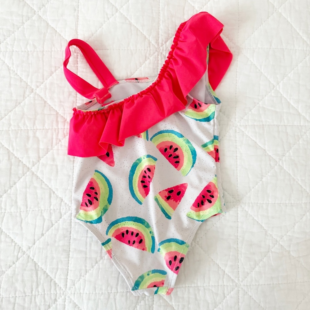 Betsey Johnson Kids Pink Ruffle One Shoulder Watermelon Print Swimsuit 3T - Picture 4 of 4